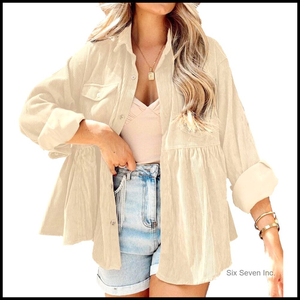 Corduroy Peplum Blouse Long Sleeve Button Down With Pockets Casual Loose Fit